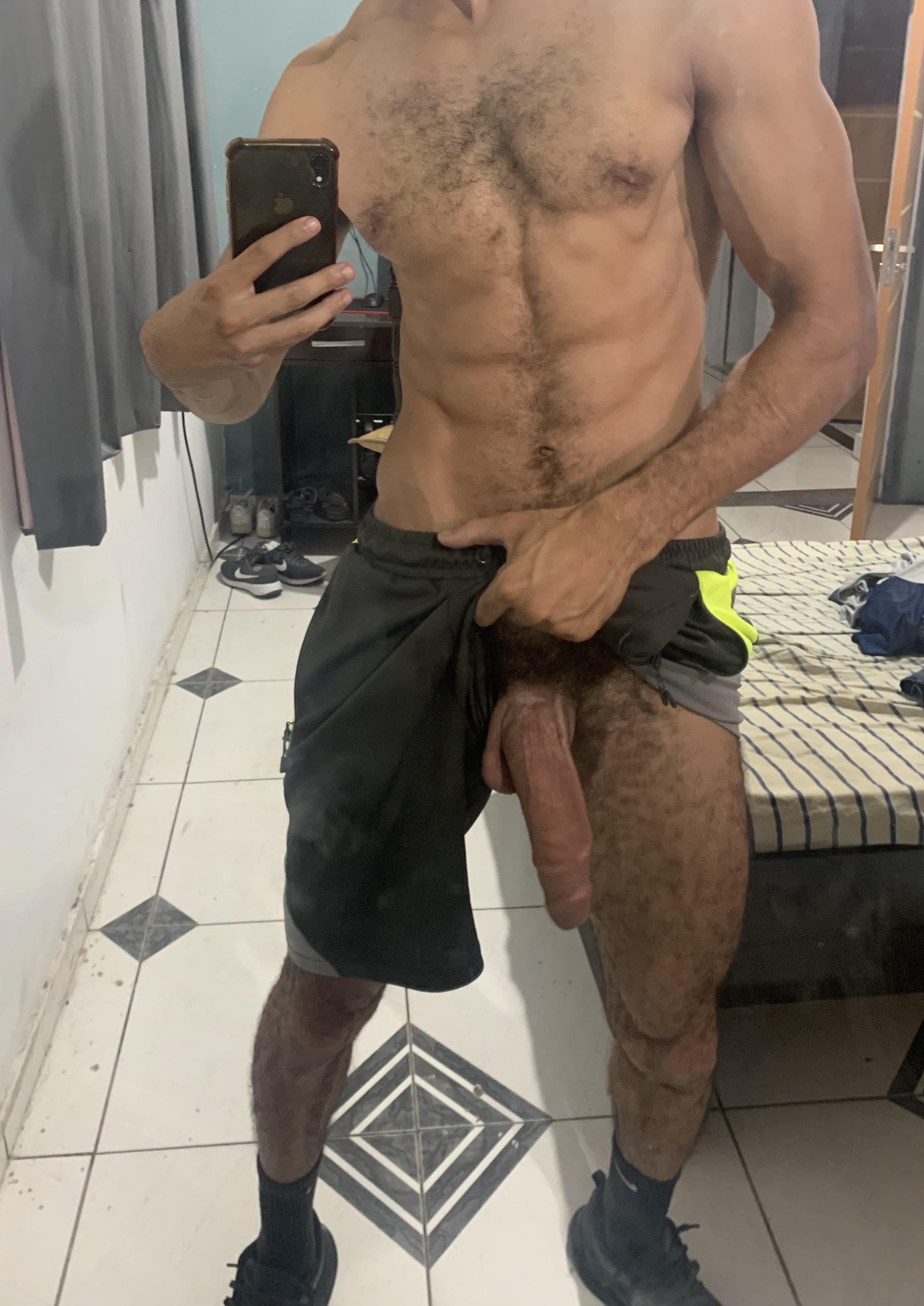 Huge hairy monster cock free without underwear after workout